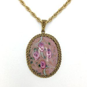 WEST GERMANY pink art glass pendant necklace - vintage 2" oval floral aventurine